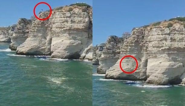 본문 이미지 - 35m 높이의 레바논 베이루트 라우세 바위에서 다이빙을 시도한 남성이 보트 위로 떨어져 즉사했다. (뉴스플래시 갈무리) ⓒ 뉴스1