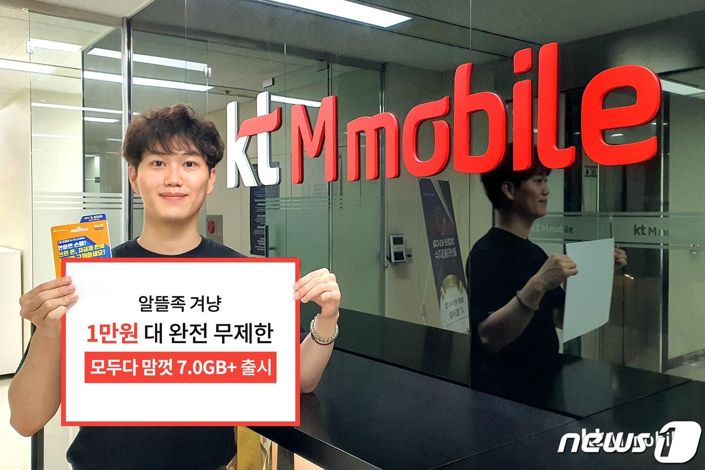 본문 이미지 - KT엠모바일이 합리적인 통신비를 추구하는 알뜰 소비족을 겨냥해 월 1만원 대에 통화·문자·데이터 무제한 알뜰폰 요금제 ‘모두다 맘껏 7.0GB+’를 신규 출시했다. ⓒ 뉴스1