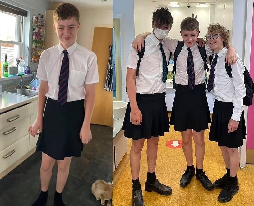 본문 이미지 - 반바지를 금지하는 구식 교복 정책에 항의하기 위해 치마를 입고 등교한 영국 남학생들. (더선 갈무리) ⓒ 뉴스1