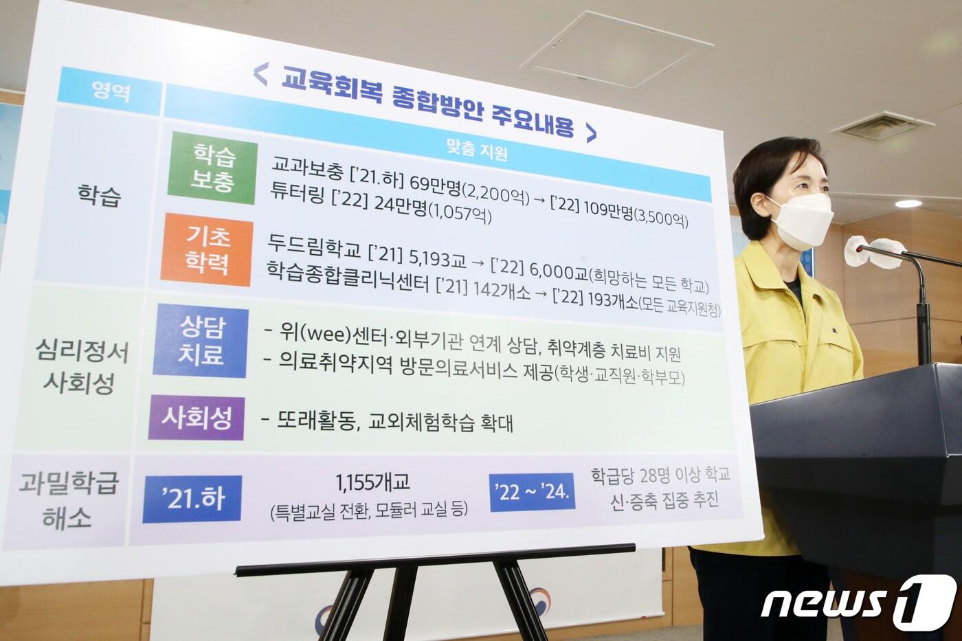 본문 이미지 - 유은혜 사회부총리 겸 교육부 장관이 지난 7월29일 오전 서울 종로구 정부서울청사에서 신종 코로나바이러스 감염증(코로나19) 극복 지원 교육회복 종합방안을 발표하고 있다. /뉴스1 ⓒ News1 조태형 기자