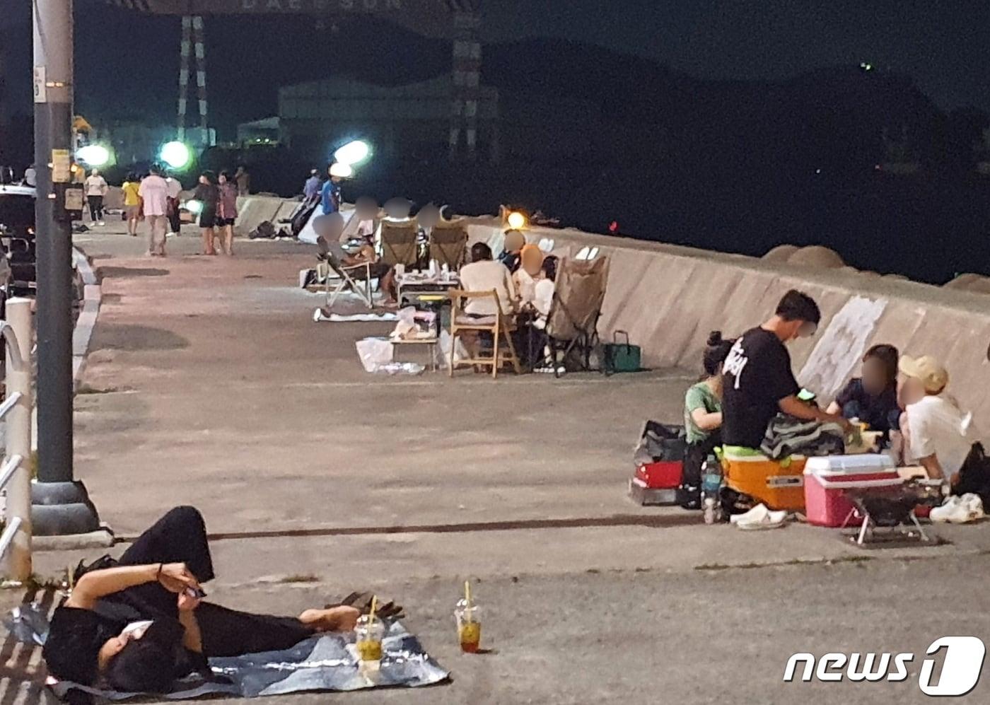 본문 이미지 - 31일 오후 9시 부산 사하구 두송방파제에 일대에 야영객들이 즐비해 있다.2021.7.31/ⓒ 뉴스1 노경민 기자