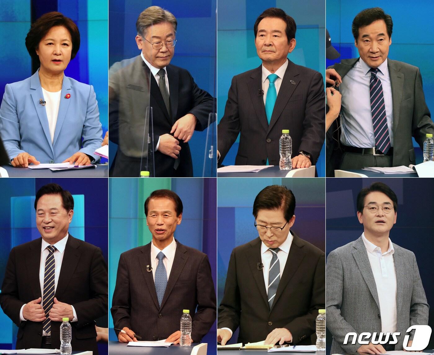 본문 이미지 - 더불어민주당 대선 예비후보들이 8일 오후 서울 중구 TV조선 스튜디오에서 열린 합동 TV토론회를 준비하고 있다. 왼쪽 위부터 시계방향으로(기호순) 추미애, 이재명, 정세균, 이낙연, 박용진, 양승조, 최문순, 김두관 후보. 2021.7.8/뉴스1 ⓒ News1 국회사진취재단