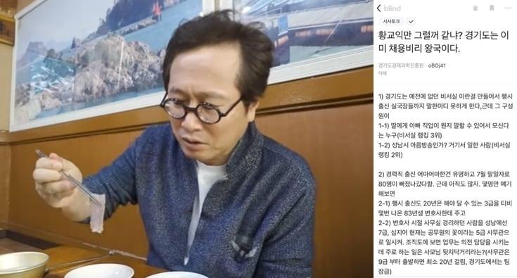 본문 이미지 - 맛칼럼니스트 황교익씨(사진 좌측), 블라인드 앱 게시글 캡쳐(사진 우측) ⓒ 뉴스1