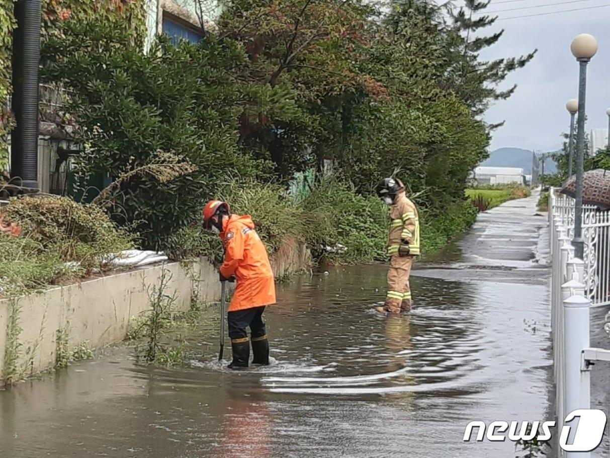 본문 이미지 - 부산 강서구 강동동에서 물이 흘러넘치고 있다.(부산소방재난본부 제공) ⓒ 뉴스1
