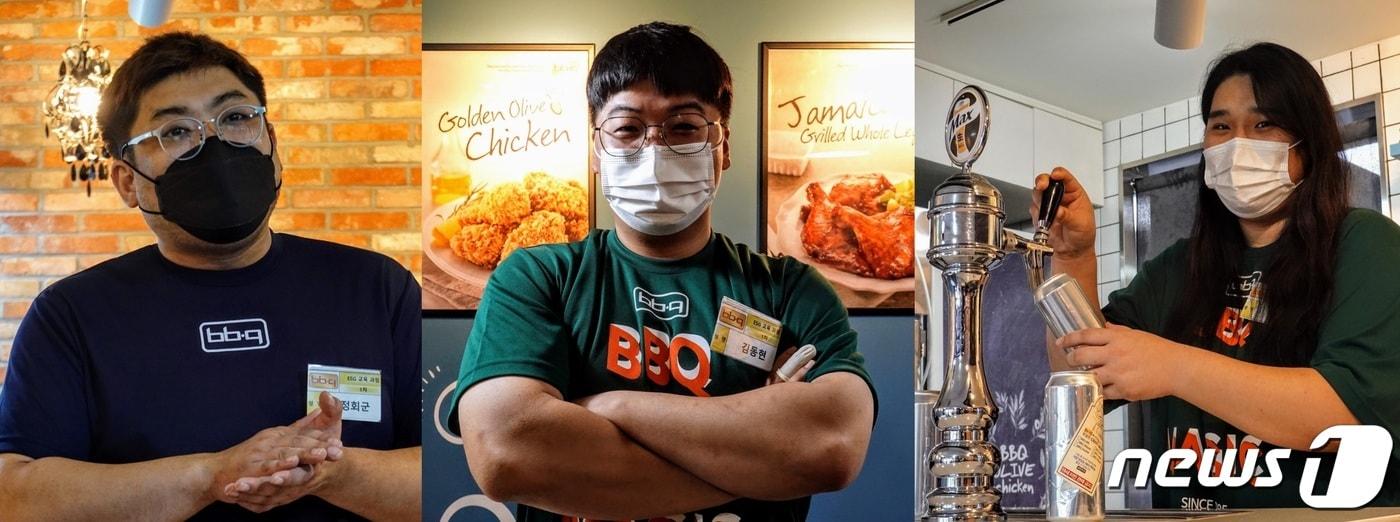본문 이미지 - 제너시스 비비큐(BBQ) '청년 스마일 프로젝트' 1기에 입학한 입학한 정회군씨(32·왼쪽부터), 김동현씨(29), 채경희씨(23)가 27일 오후 경기 이천 치킨대학에서 인터뷰하고 있다. ⓒ 뉴스1 황덕현 기자