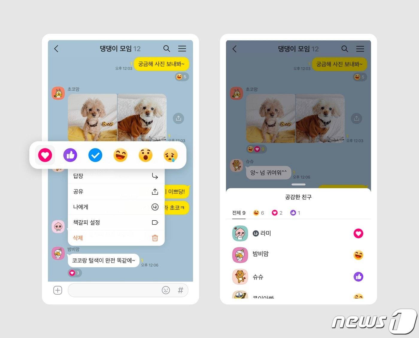 본문 이미지 - 카카오톡 '메시지 말풍선 리액션' 기능 신설 (카카오 제공) ⓒ 뉴스1