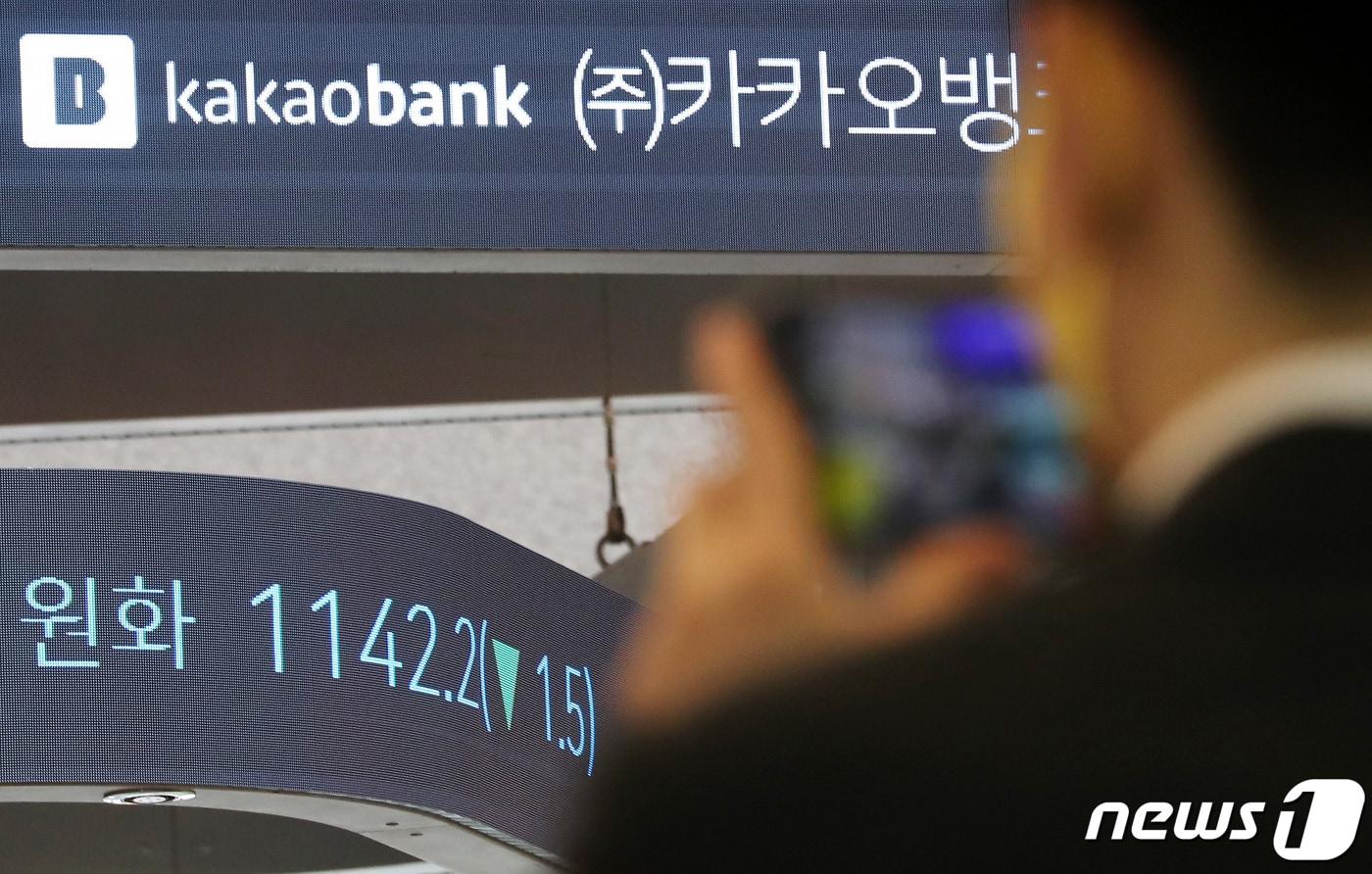 카카오뱅크가 상장 첫날 KB금융을 제치고 금융대장주(株)에 등극했다. 시초가가 공모가의 2배를 형성하지는 못했지만 외국인 매수세가 강하게 유입되면서 주가는 20%대 상승률을 유지하고 있다. 6일 오전 서울 영등포구 여의도 한국거래소 전광판에 카카오뱅크의 코스피 상장을 알리고 있다. 2021.8.6/뉴스1 ⓒ News1 이동해 기자