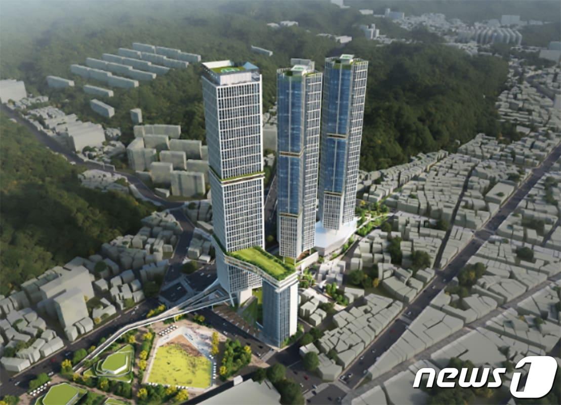 본문 이미지 - 경북 포항시가 옛 포항역지구에서 포항역지구 도시개발사업 착공식을 갖고 본격 공사에 착수했다. 사진은 옛 포항역 지구에 들어설 69층 초고층 아파트 조감도. (포항시 제공)2021.9.14/ⓒ 뉴스1