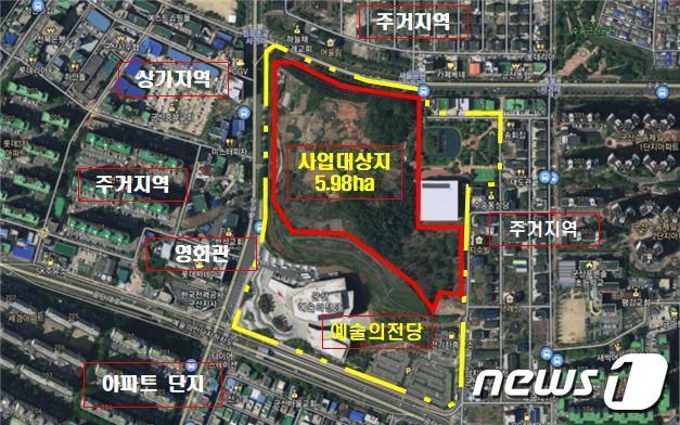 본문 이미지 - 군산시 수송동 예술의전당 인근 새들근린공원 일원에 조성될 '새들허브숲' 위치도.ⓒ 뉴스1