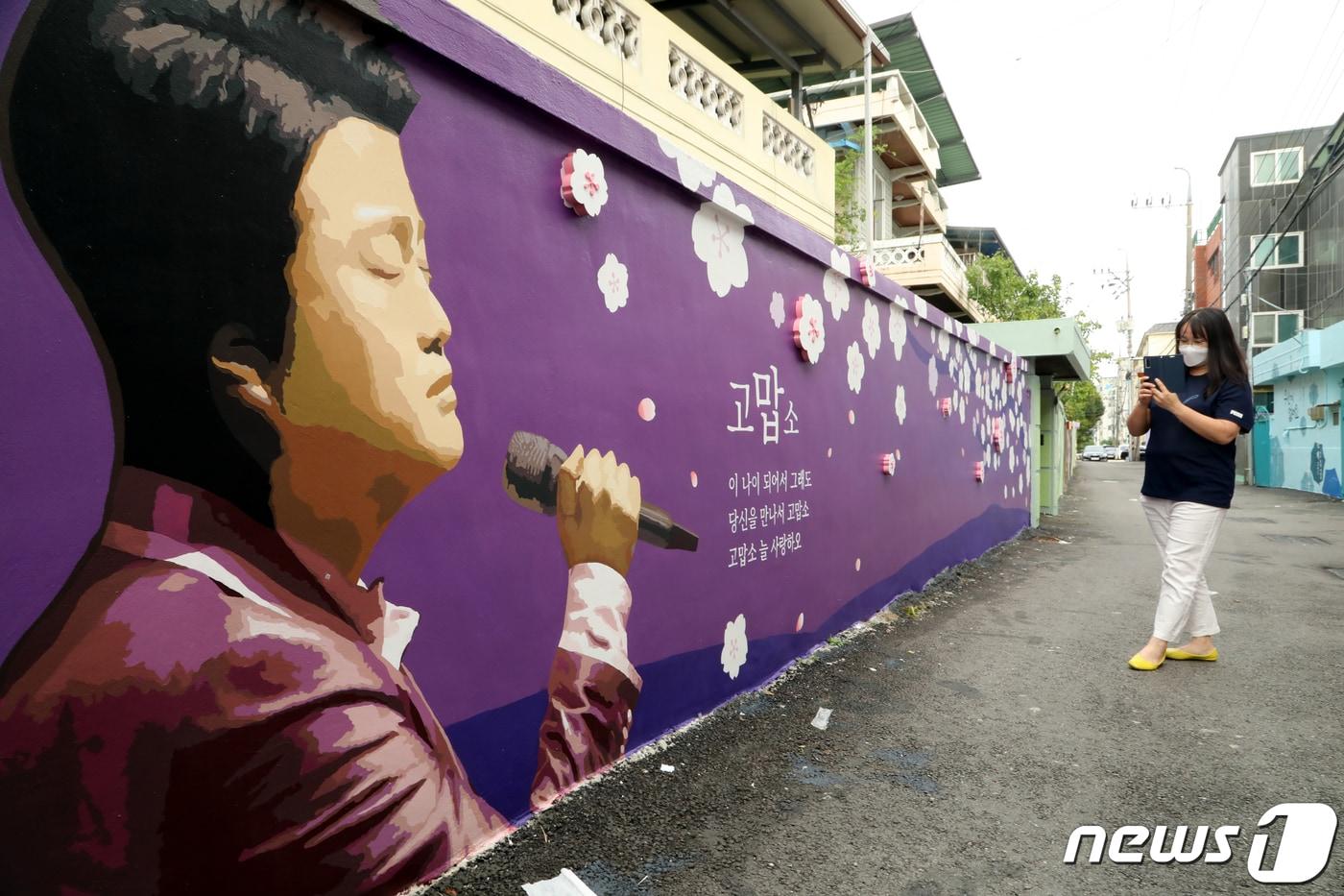 본문 이미지 - 경북 김천예고 옆 교동연화지로 가는 골목길에 조성된 '트바로티 김호중 소리길'에서 팬카페 '아리스' 한 회원이 담장 벽화에 그려진 김호중의 그림을 카메라에 담고 있다. 2021.9.20/뉴스1 ⓒ News1 정우용 기자