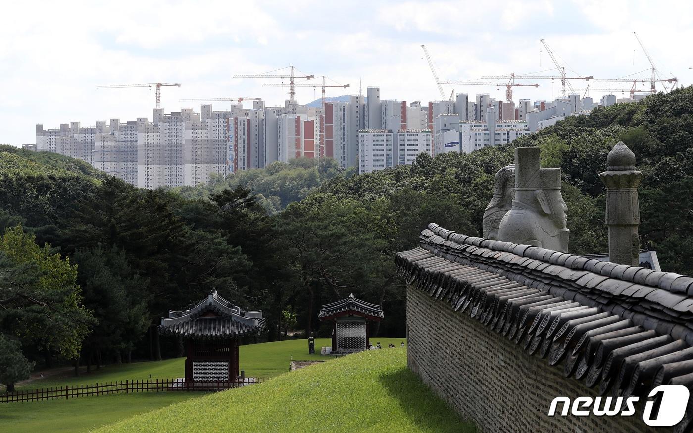 본문 이미지 - 23일 경기도 김포시 풍무동 장릉(사적 제202호)에서 인천 서구 검단신도시에 짓고 있는 아파트 단지가 보이고 있다.  /뉴스1 ⓒ News1 박세연 기자