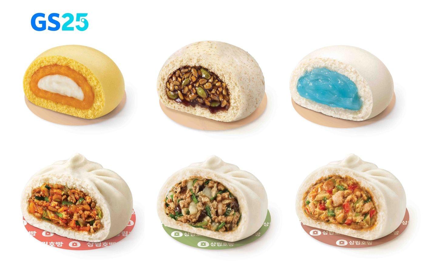 본문 이미지 - (시계방향)단호박치즈호빵·꿀씨앗호빵·소다향호빵·오모리김치만두호빵·고기가득만두호빵·고추잡채만두호빵(GS리테일 제공)ⓒ 뉴스1