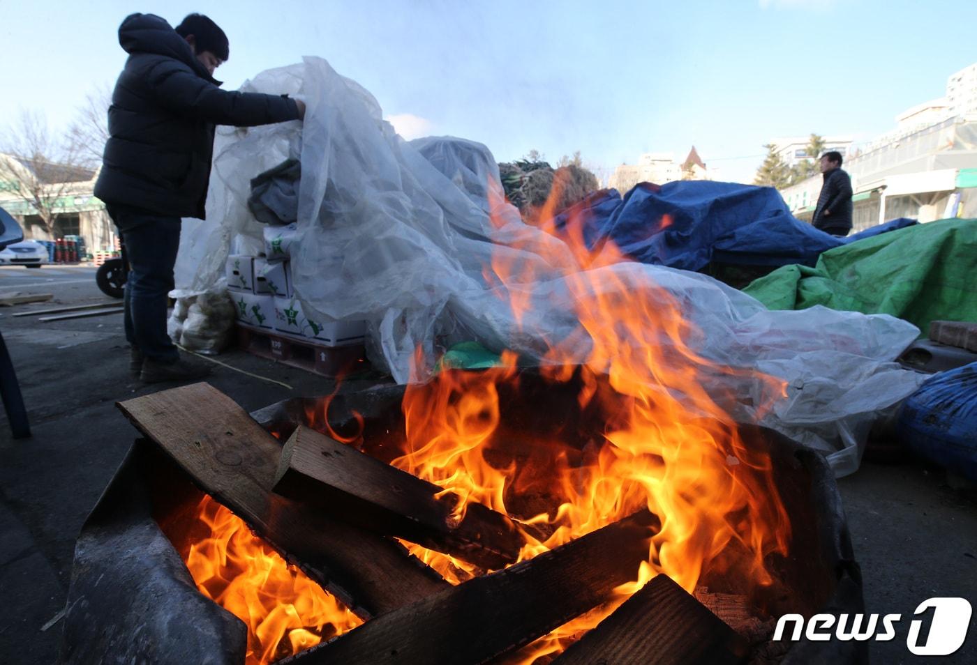 본문 이미지 - 사흘째 한파 특보가 이어진 22일 대전·충남 지역이 올겨울 들어 가장 추운 날씨를 보이고 있다. 대전 유성구 노은농수산물시장에서 상인이 추위에 농산물이 얼지 않도록 비닐을 씌우고 있다. /뉴스1 ⓒ News1 김기태 기자