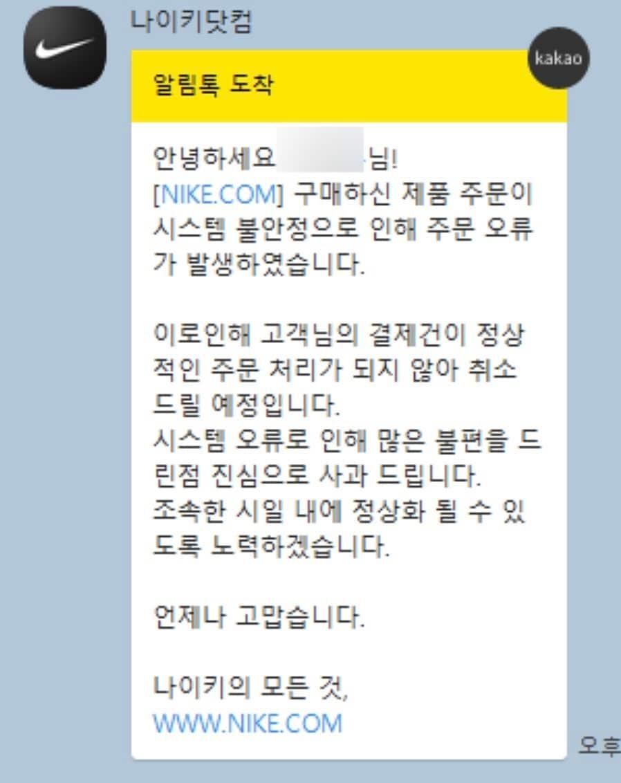 본문 이미지 - 나이키는 지난 18일 시스템 오류가 발생했다며 일부 더 드로우 당첨 고객에게 취소를 안내했다.(온라인 커뮤니티 갈무리) ⓒ 뉴스1