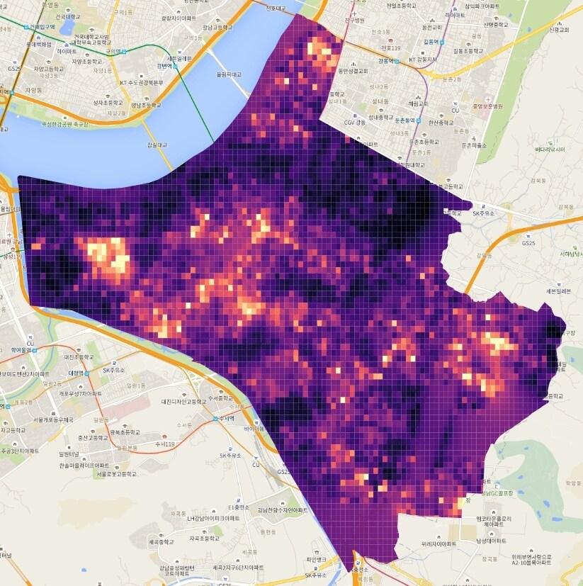 본문 이미지 - 송파구 전역의 조도를 지도로 시각화한 모습.(송파구 제공)ⓒ 뉴스1