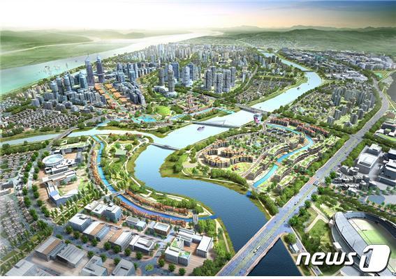 본문 이미지 - 부산 에코델타 스마트시티(세물머리 지구) 중심 조감도.  스마트시티 국가시범도시는 부산 에코델타시티의 중심지역인 서낙동강, 평강천, 맥도강의 세 강과 접해 있는 세물머리지구에 자연과 사람, 도시가 함께 진화하는 사회적․환경적․경제적 지속가능한 지능형 도시로 조성될 계획이다.ⓒ 뉴스1