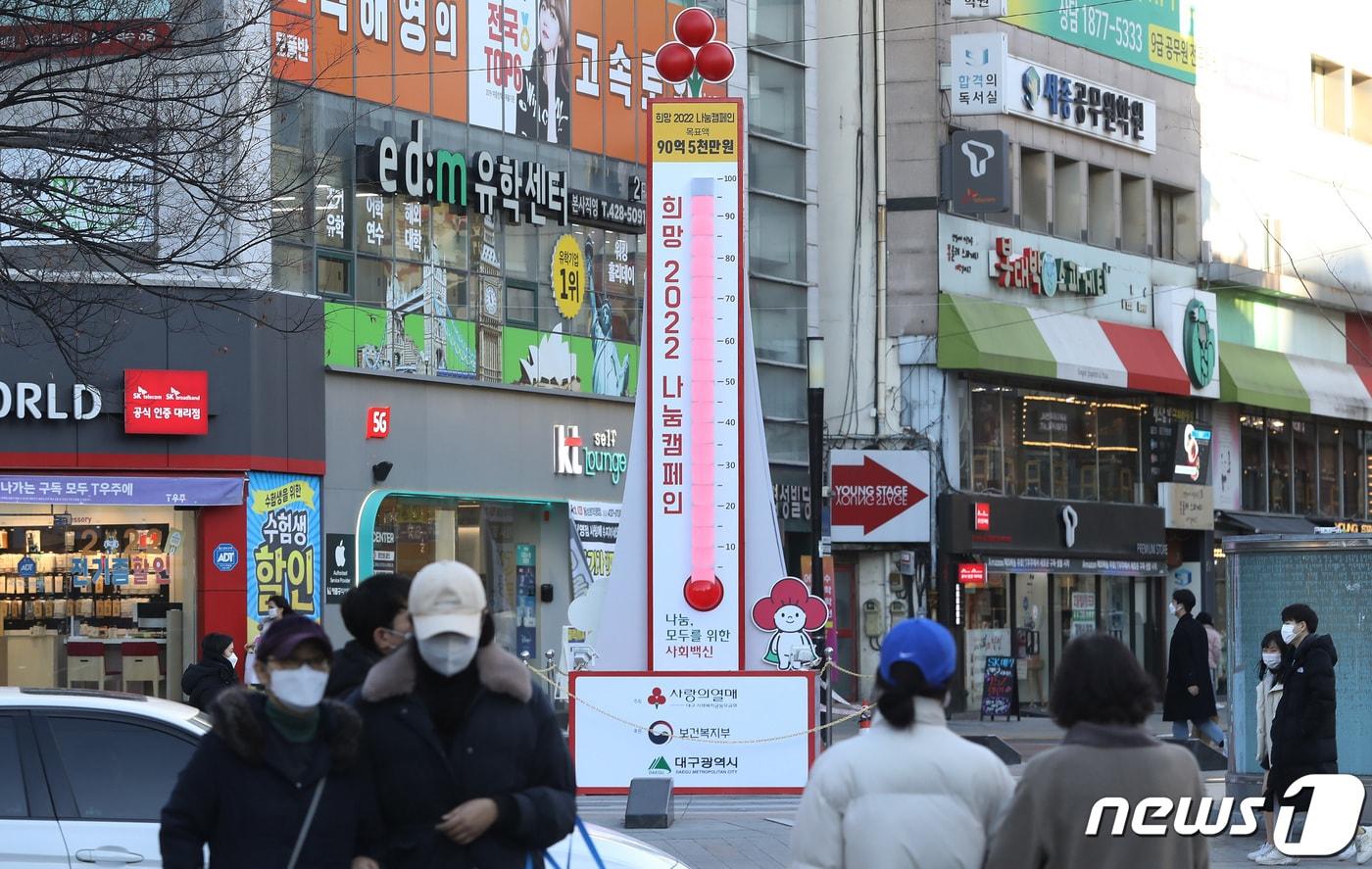 본문 이미지 - 4일 오후 대구 중구 동성로 사랑의 온도탑 수은주가 96도를 가리키고 있다. '나눔, 모두를 위한 사회백신'이라는 슬로건 아래 90억5000만원 모금을 목표로 하는 '대구 희망2022 나눔캠페인'은 현재 87억1300만원이 모여 온도가 96.3도까지 올랐다. 2022.1.4/뉴스1 ⓒ News1 공정식 기자