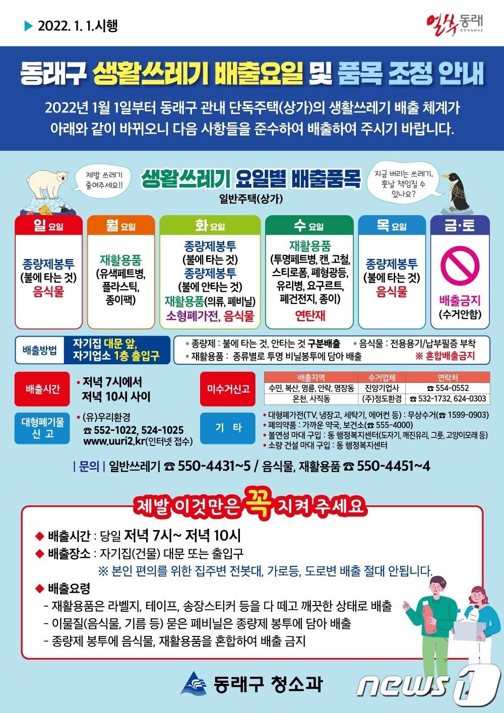 본문 이미지 - 부산 동래구 생활쓰레기 배출요일 및 품목 조정 안내문.(동래구 제공)ⓒ 뉴스1