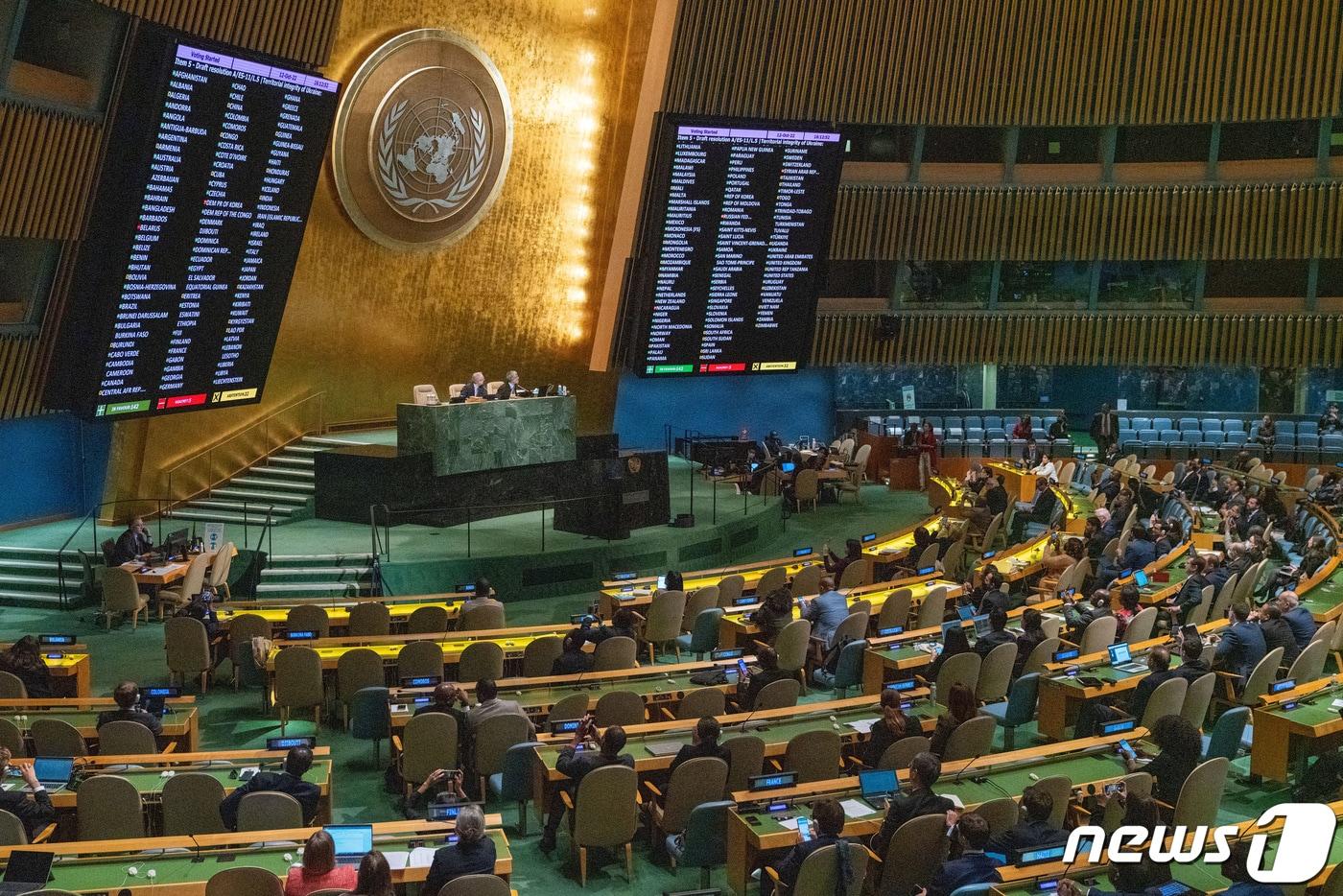 12일&#40;현지시간&#41; 미국 뉴욕 유엔본부 개최 유엔총회에서 러시아의 우크라이나 영토 일부 불법 병합을 규탄하는 결의안이 표결에 부쳐지고 있다. &lt;자료 사진&gt; 2022. 10. 12. ⓒ 로이터=뉴스1 ⓒ News1 최서윤 기자