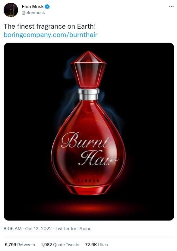 본문 이미지 - 일론 머스크의 터널굴착회사 보링컴퍼니에서 판매하고 있는 향수 '번트 헤어'. (일론 머스크 트위터)