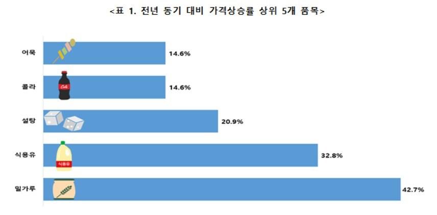 본문 이미지 - 전년 동기 대비 가격상승률 상위 5개 품목(한국소비자단체협의회 물가감시센터 제공)