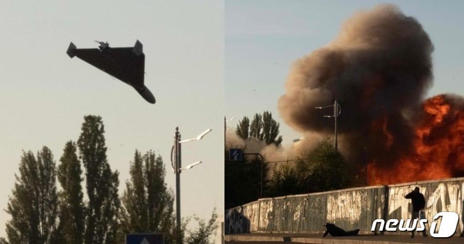 본문 이미지 - 17일(현지시간) 러시아의 침공이 한창인 우크라이나의 수도 키이우에서 자폭 드론이 공격을 위해 접근하고 있는 모습(왼쪽)과 드론 공격으로 인해 발생한 거대한 폭발로 시민들이 쓰러지고 있는 모습(오른쪽) ⓒ AFP=뉴스1 ⓒ News1 이유진 기자
