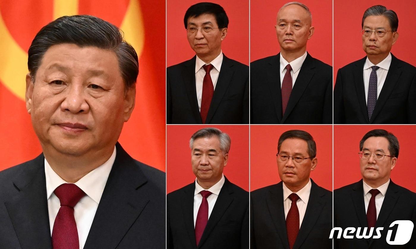 본문 이미지 - 시진핑 등 상무위 구성원들. 시계 방향으로 왕후닝, 차이치, 자오러지, 딩쉐샹, 리창, 리시. ⓒ AFP=뉴스1 ⓒ News1 우동명