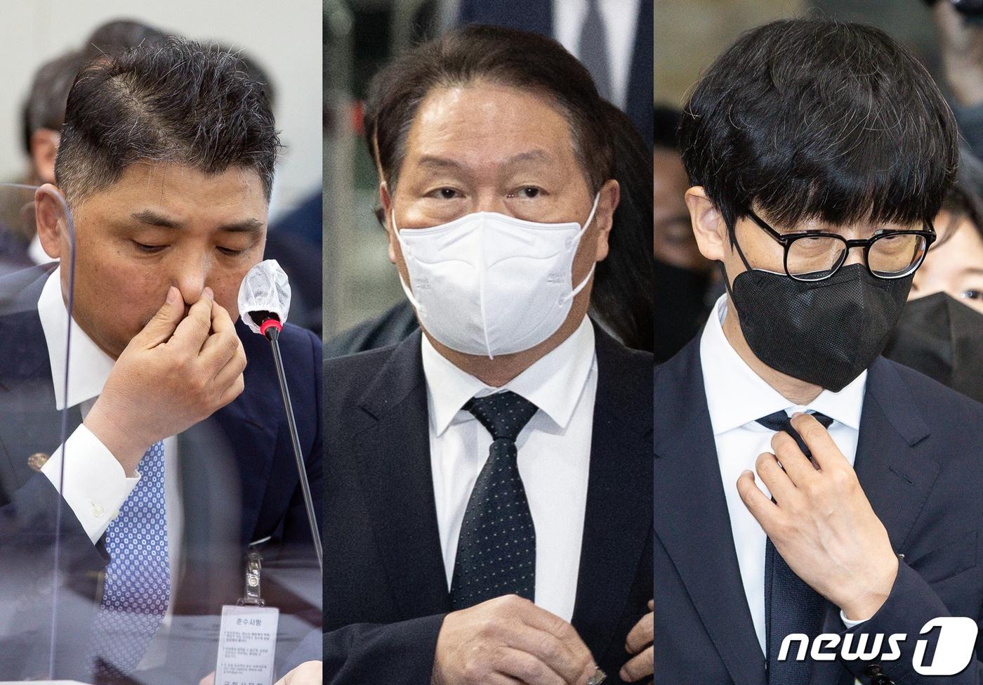 본문 이미지 - 국회 과방위에 출석한 김범수 카카오 미래이니셔티브센터장(왼쪽부터), 최태원 SK 회장, 이해진 네이버 글로벌투자책임자(GIO). 2022.10.24/뉴스1 ⓒ News1 이재명 기자
