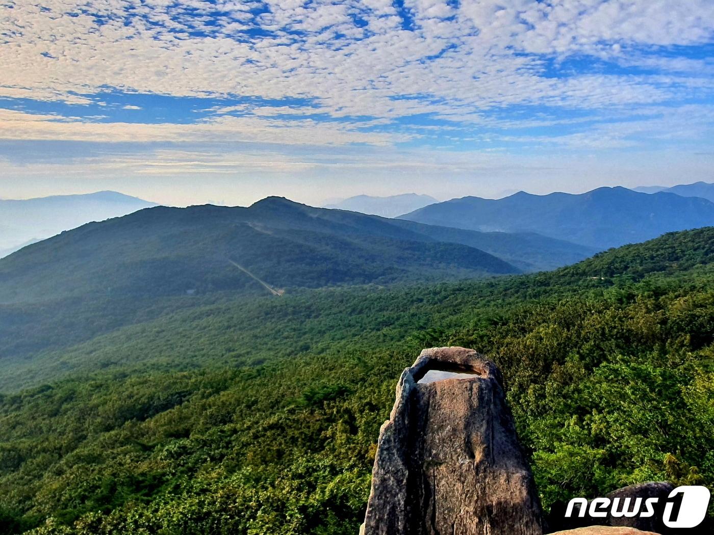 본문 이미지 - 금샘에서 바라보는 금정산의 산세가 넉넉하고 부드럽다. 왼쪽 끝은 해운대 위의 장산, 오른쪽은 금정산과 이어진 백양산.
