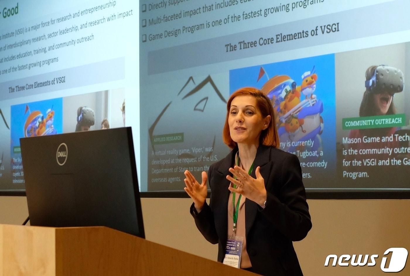 아마다 셰후 조지메이슨대학교 부총장이 9일&#40;현지시간&#41; 미 버지니아주에 위치한 조지메이슨대 알링턴 캠퍼스에서 열린 디지털치료제 심포지엄에서 발언을 하고 있다.