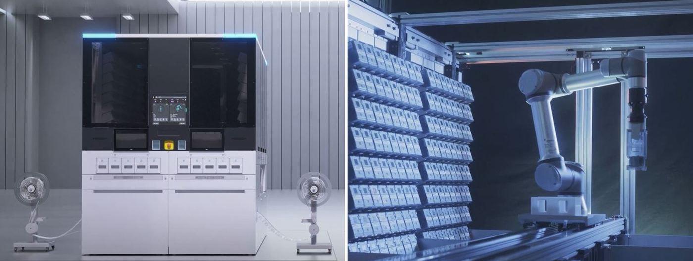  차세대 파우치 포장 자동 조제기 'MENITH'(왼쪽)과 장비 내부에서 다관절 협동로봇을 활용해 캐니스터를 자동으로 교체하는 모습.(제이브이엠 제공)