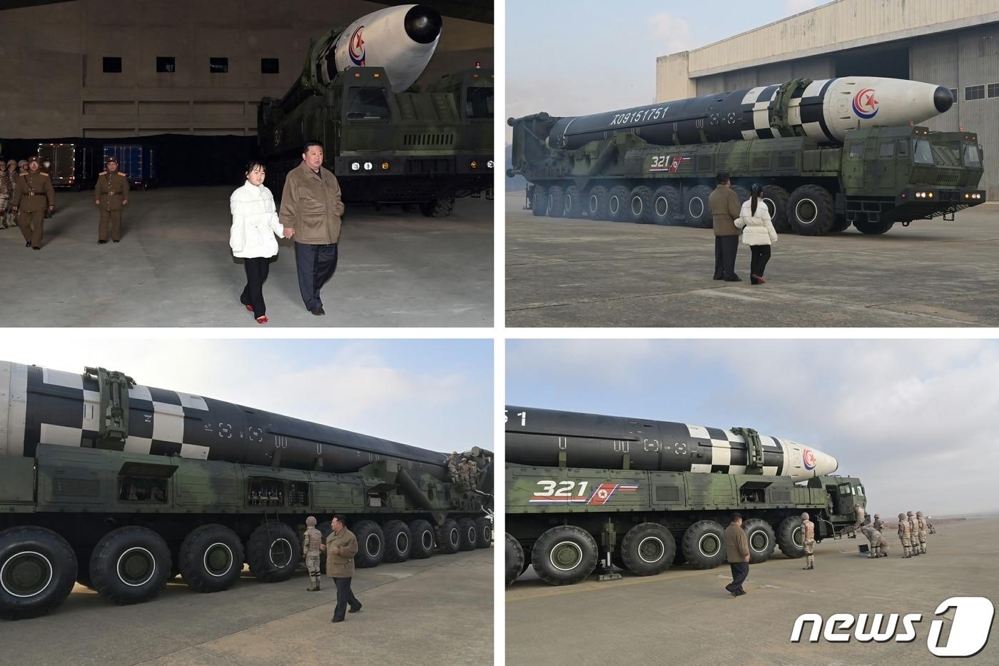 본문 이미지 - (평양 노동신문=뉴스1) 북한 노동당 기관지 노동신문은 19일 김정은 총비서가 전날 대륙간탄도미사일(ICBM) 발사를 지휘했다고 보도하며 그가 딸과 함께 발사 현장을 찾은 사진을 여러 장 공개했다. [국내에서만 사용가능. 재배포 금지. DB 금지. For Use Only in the Republic of Korea. Redistribution Prohibited] rodongphoto@news1.kr