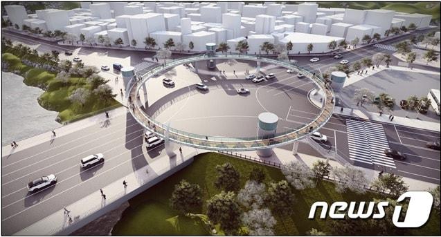 본문 이미지 - 강원 춘천시 소양 2교 앞 호반 사거리 일대 회전교차로 인도교 조감도.(춘천시 제공)