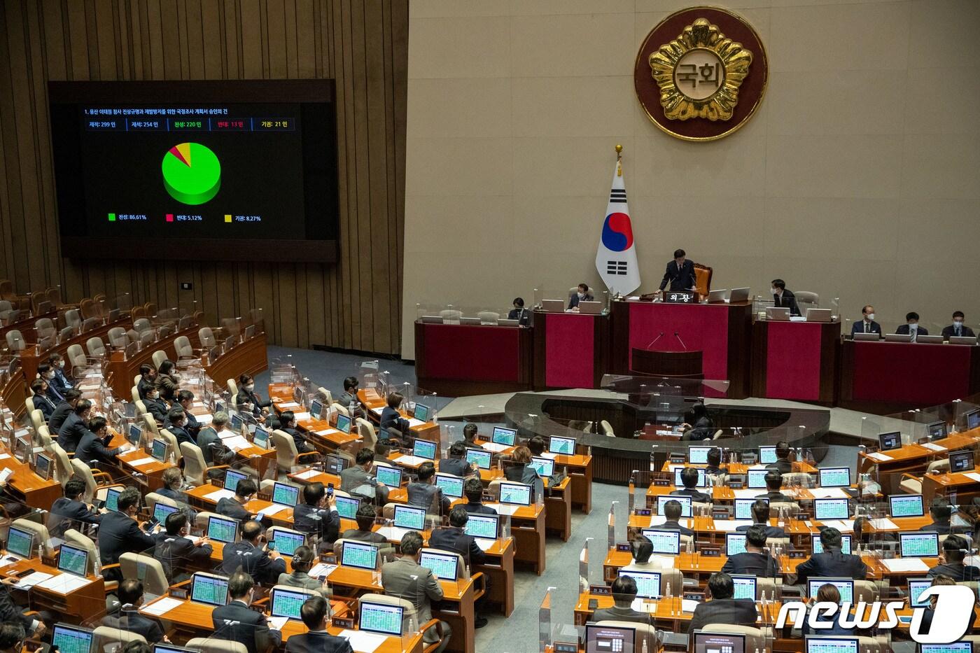 24일 오후 서울 여의도 국회에서 열린 제400회 국회(정기회) 제13차 본회의에서 용산 이태원 참사 진상규명과 재발방지를 위한 국정조사 계획서 승인의 건이 통과되고 있다. 2022.11.24/뉴스1 ⓒ News1 이재명 기자