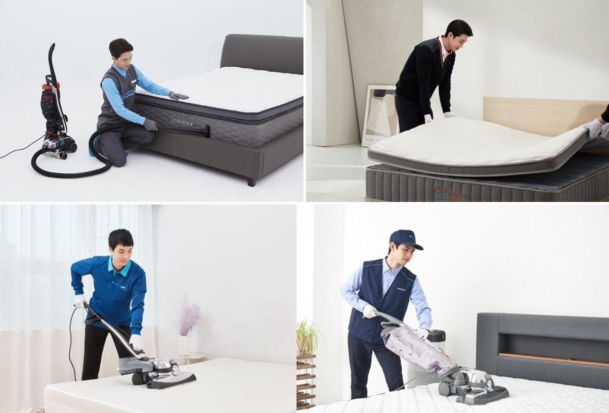 본문 이미지 - 왼쪽 위부터 시계방향으로 코웨이 홈케어닥터 매트리스케어 서비스, SK매직 매트리스 클리닝 서비스, 청호나이스 케어마스터 서비스, 교원웰스 홈케어서비스(각 사 제공) 