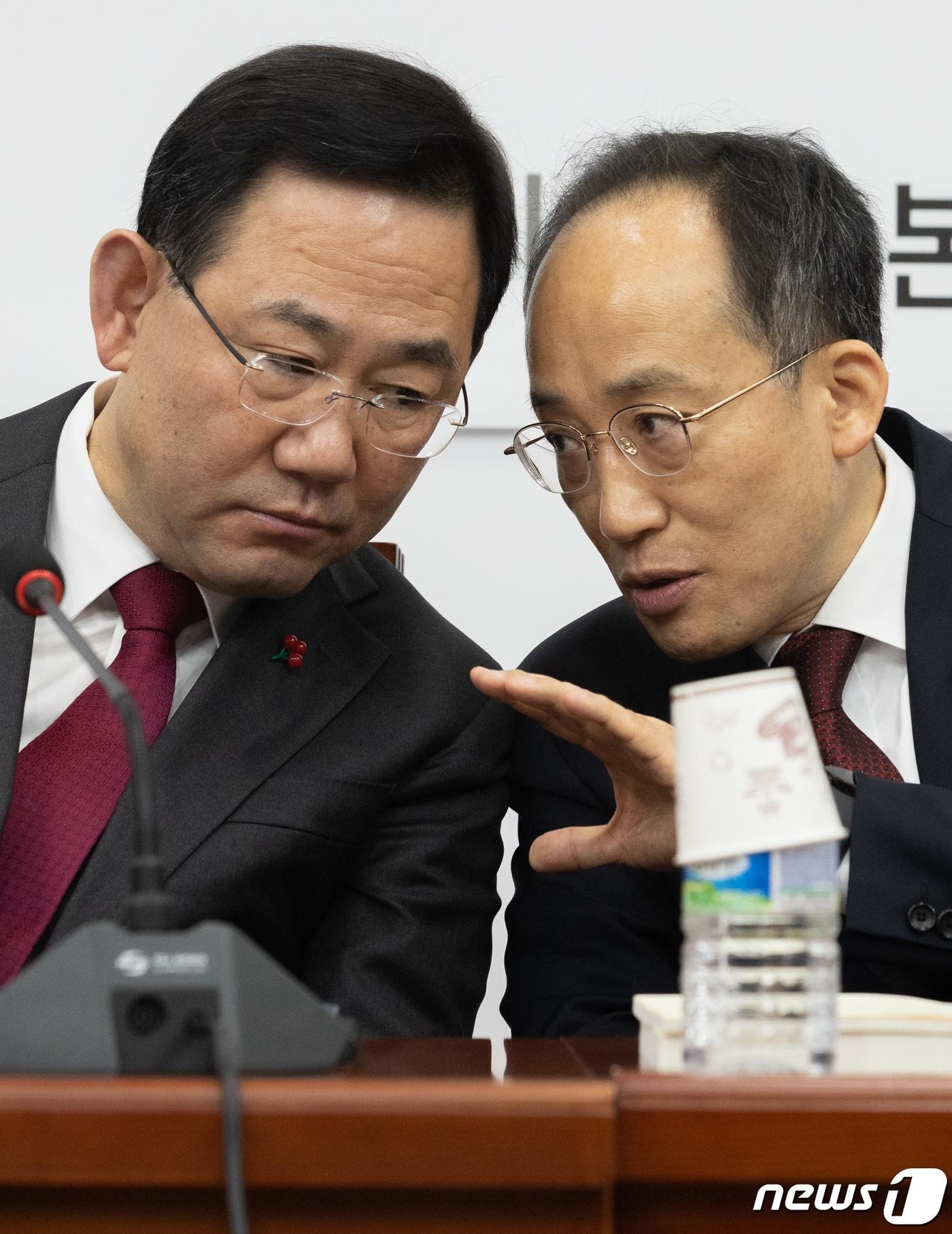 본문 이미지 - 2022년 12월 19일 당시 주호영 국민의힘 원내대표(왼쪽)와 추경호 경제부총리 겸 기획재정부 장관이 서울 여의도 국회에서 열린 2023년 경제정책방향 관련 당·정 협의회에서 대화하고 있는 모습. 2022.12.19 ⓒ 뉴스1 이재명 기자