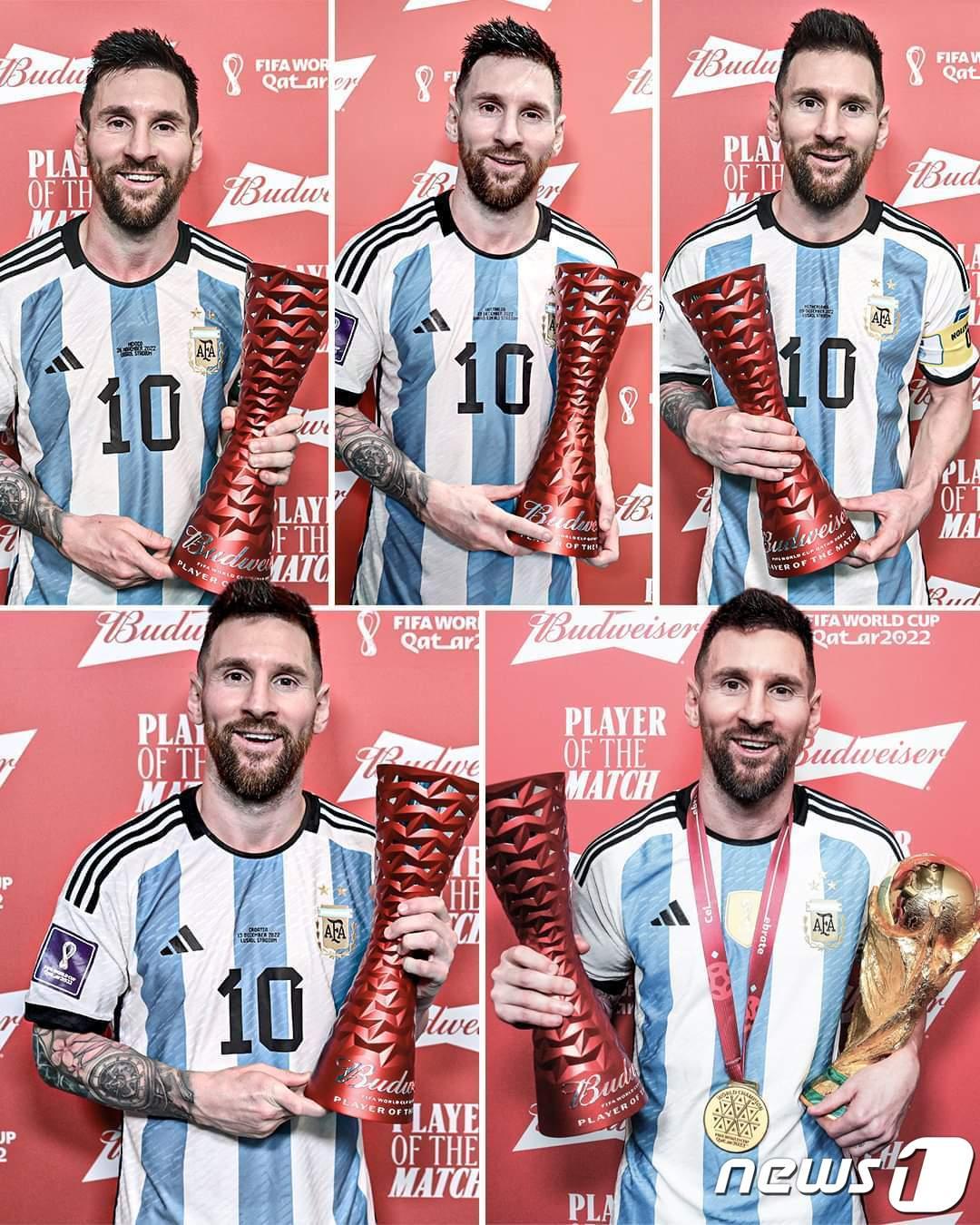 본문 이미지 - 5개의 MOM과 우승 트로피를 든 리오넬 메시(FIFA SNS 캡처_ 