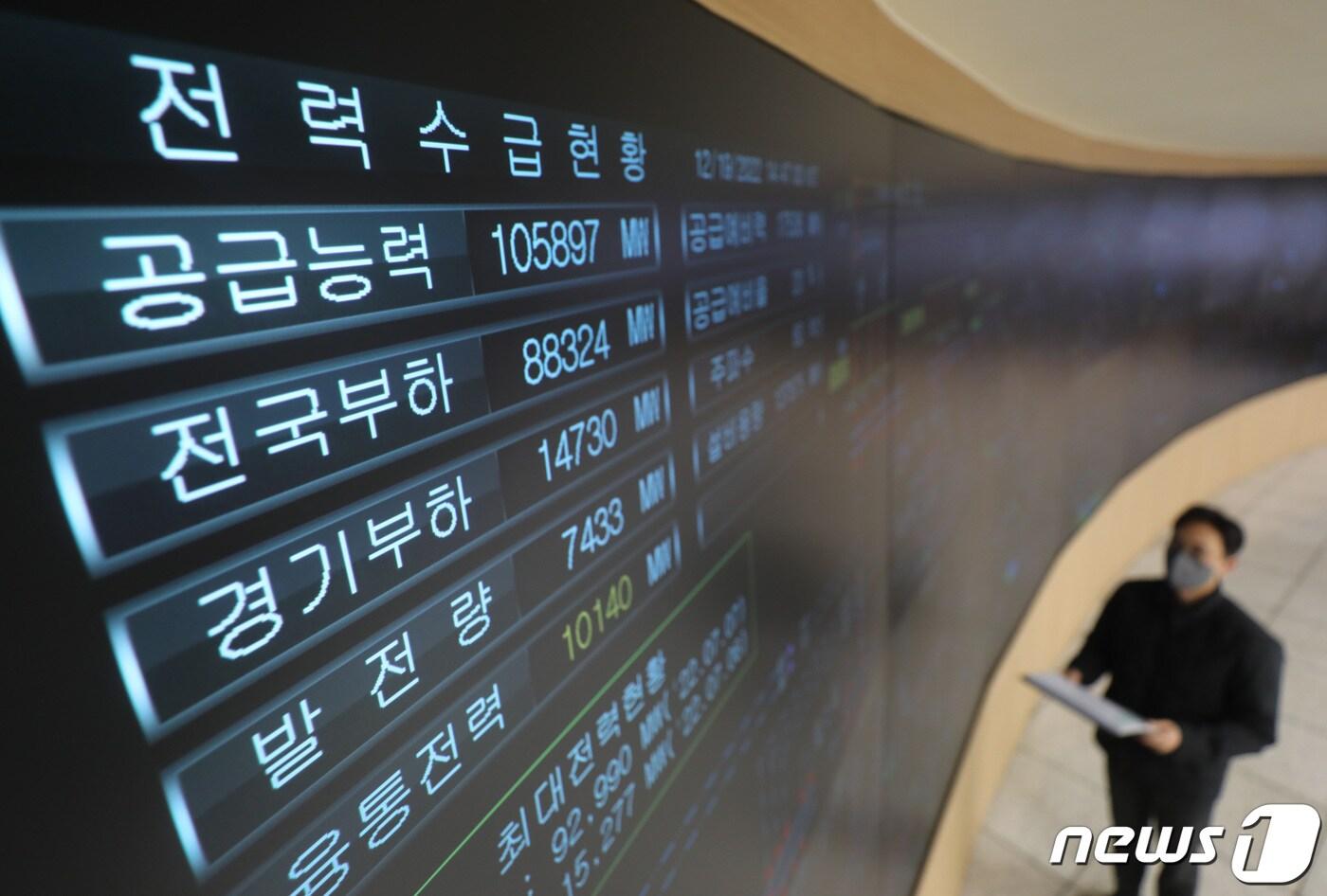 본문 이미지 -  경기 수원시 영통구 한국전력공사 경기지역본부 전력관리처 계통운영센터에서 관계자들이 전력 수급 상황을 점검하고 있다. 2022.12.19/뉴스1 ⓒ News1 김영운 기자