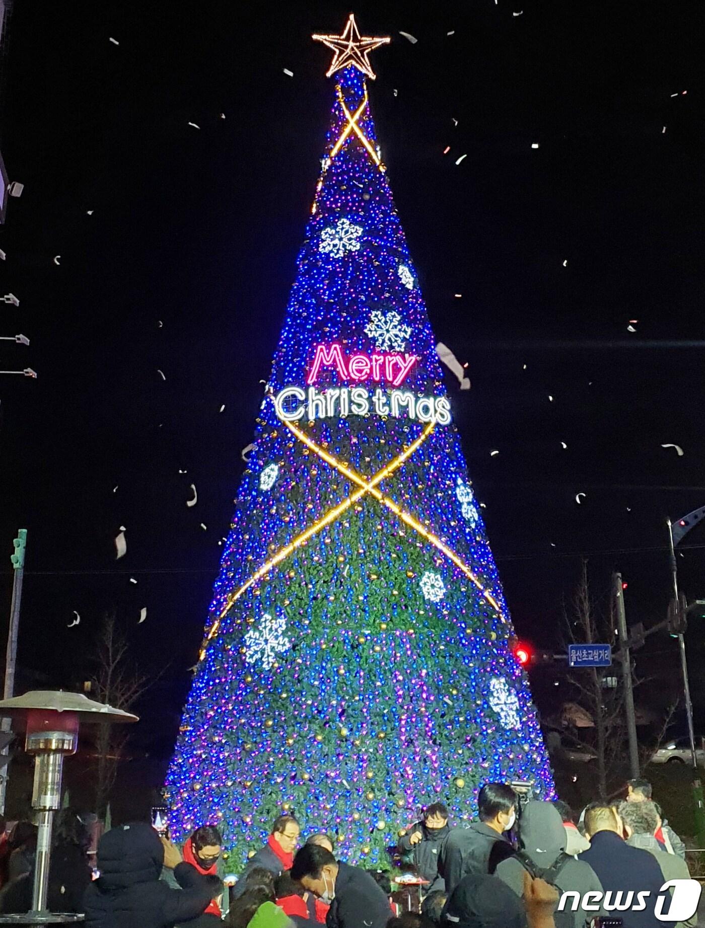 본문 이미지 - 울산 중구 문화의거리에 설치된 대형 트리가 환하게 불을 밝히고 있다.