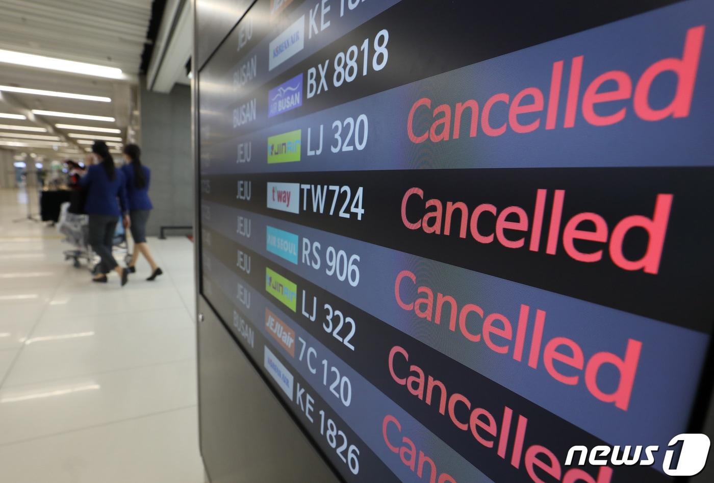 본문 이미지 - 서울 강서구 김포공항 국내선 전광판에 항공편 결항 표시가 나오고 있다. 2022.12.23 ⓒ 뉴스1 김민지 기자