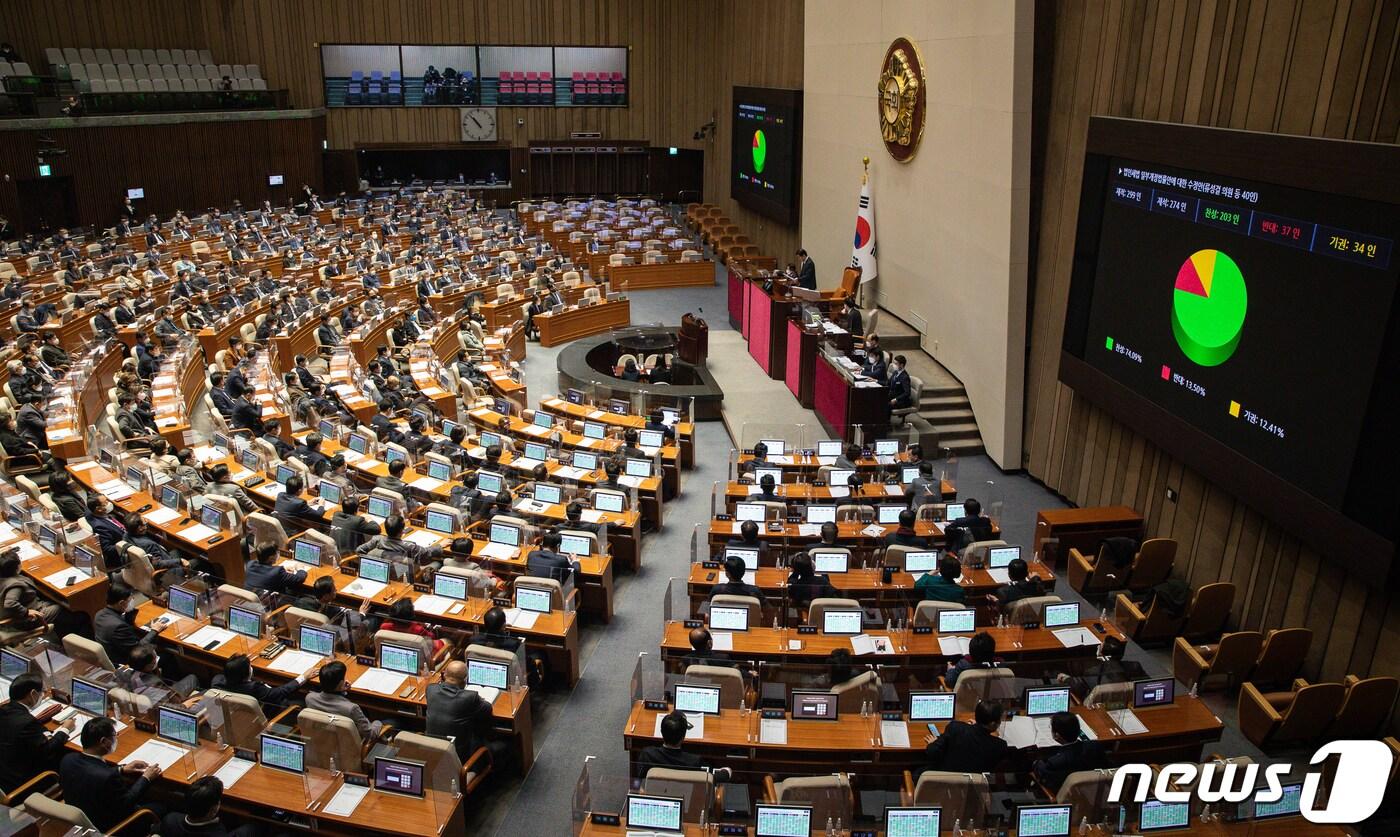 23일 서울 여의도 국회에서 열린 제401회 국회&#40;임시회&#41; 제2차 본회의에서 법인세법 일부개정법률안에 대한 수정안이 찬성 203인, 반대 37인, 기권 34인으로 가결되고 있다. 2022.12.23/뉴스1 ⓒ News1 유승관 기자