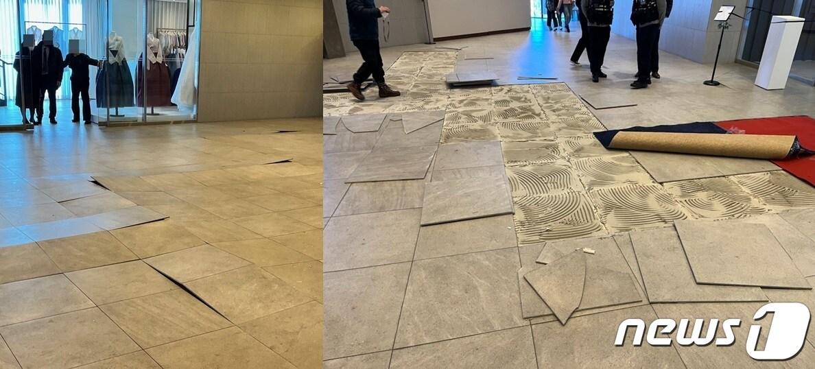 본문 이미지 - 지난 24일 전북 전주시 한 호텔 예식장 바닥재가 파손됐다. 이 사고로 하객 등 수십 명이 대피하는 소동이 벌어졌다.(신부 측 제공)2022.12.25/뉴스1