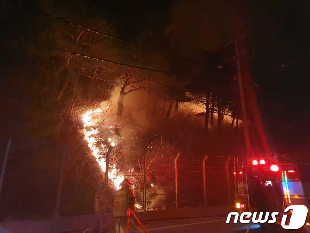 본문 이미지 - 강릉시 왕산면 왕산리 왕산골 입구 산불 현장,(강원도소방본부 제공)