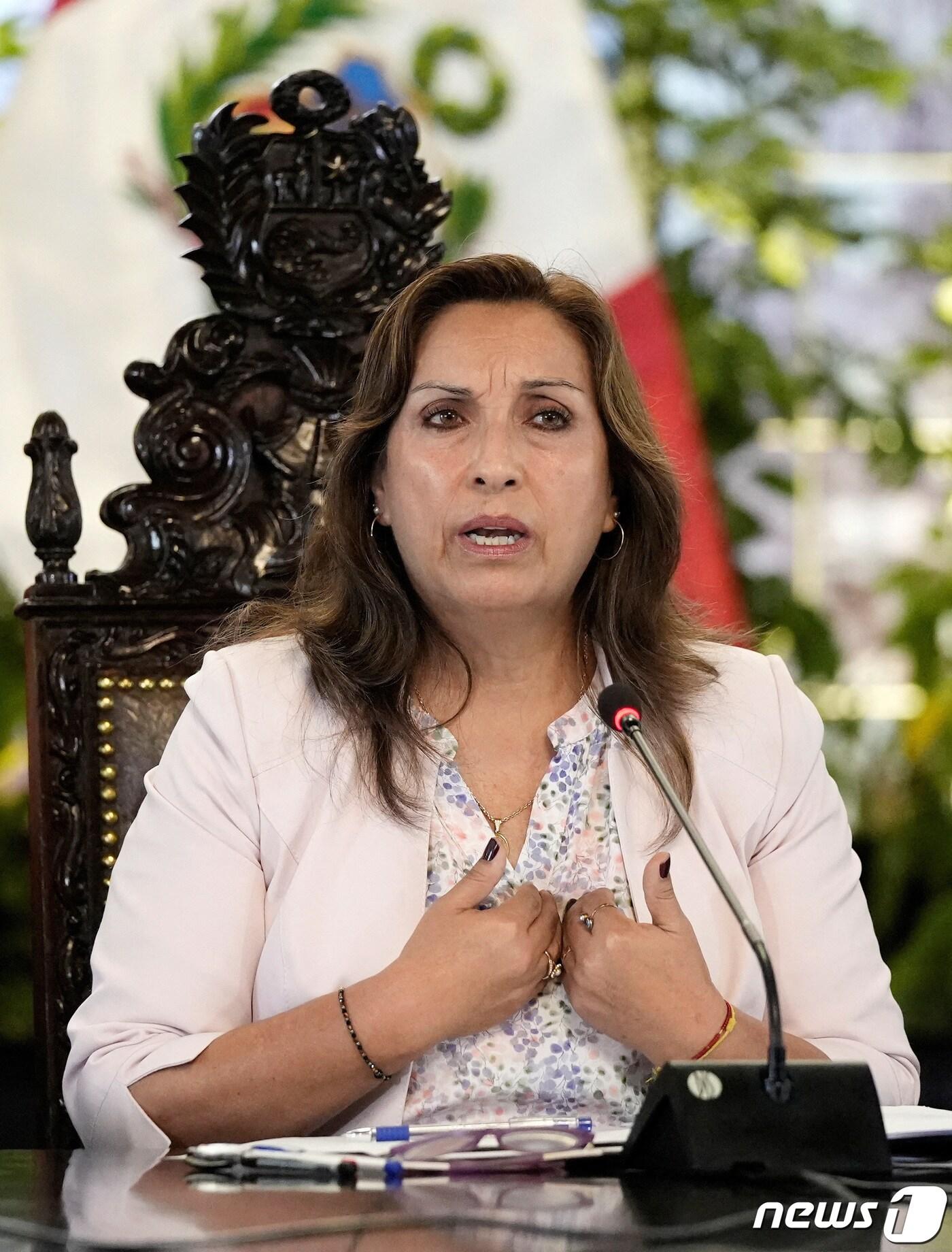 본문 이미지 - 29일(현지시간) 페루 리마에서 기자회견에 참석한 디나 볼루아르테 대통령이 연설하고 있다. ⓒ 로이터=뉴스1 ⓒ News1 권진영 기자