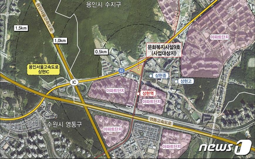 본문 이미지 - 광교택지지구 내 다목적 스포츠센터 건립 예정 부지 위치도.&#40;용인시 제공&#41;