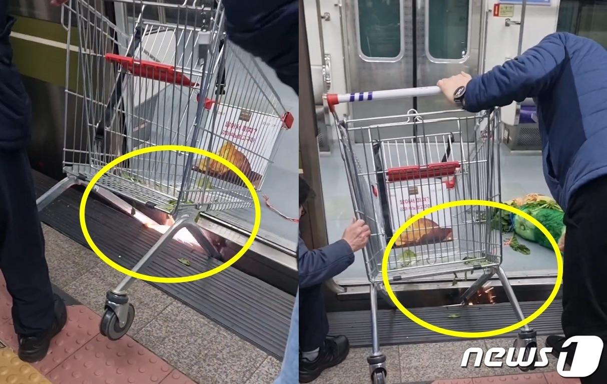 본문 이미지 - 서울지하철 7호선 노원역에서 열차와 승강장 사이에 쇼핑카트가 낀 모습. (인스타그램 갈무리)