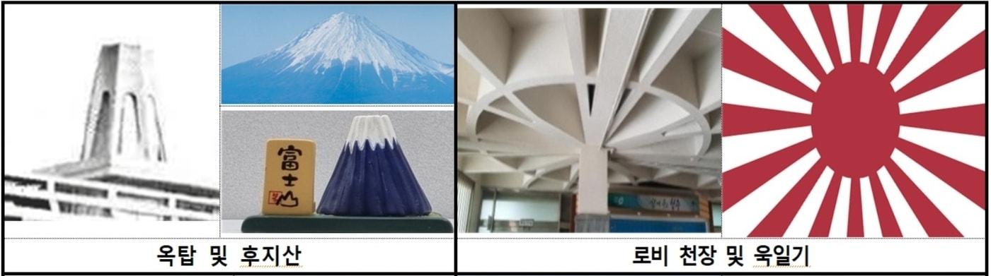 친일잔재 논란으로 사회적 합의 도출이 어려운 청주시청 본관의 옥탑(왼쪽)과 로비 천장. / 뉴스1 