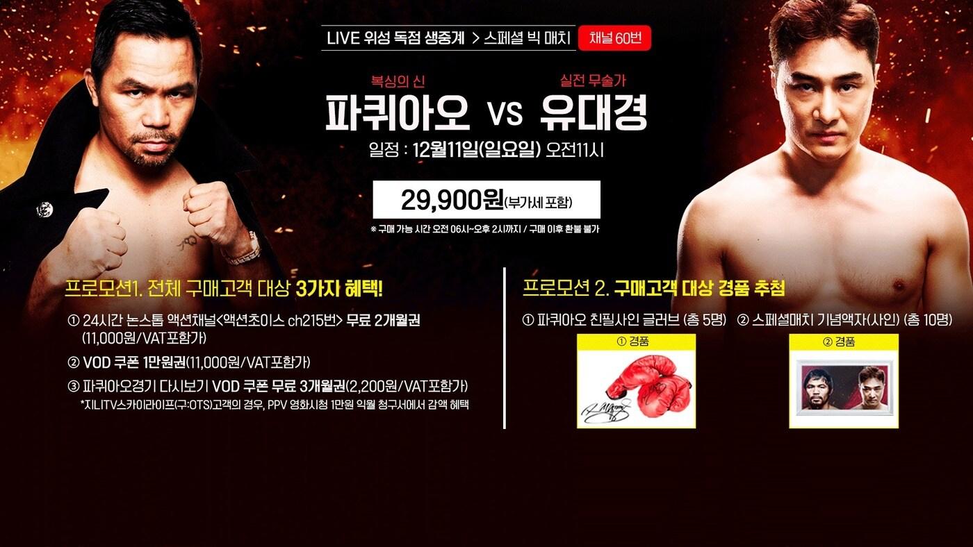 본문 이미지 - KT스카이라이프가 오는 11일 오전 11시 고양시 킨텍스에서 진행되는 파퀴아오와 유대경 간의 경기를 생중계한다고 9일 밝혔다.(KT스카이라이프 제공)