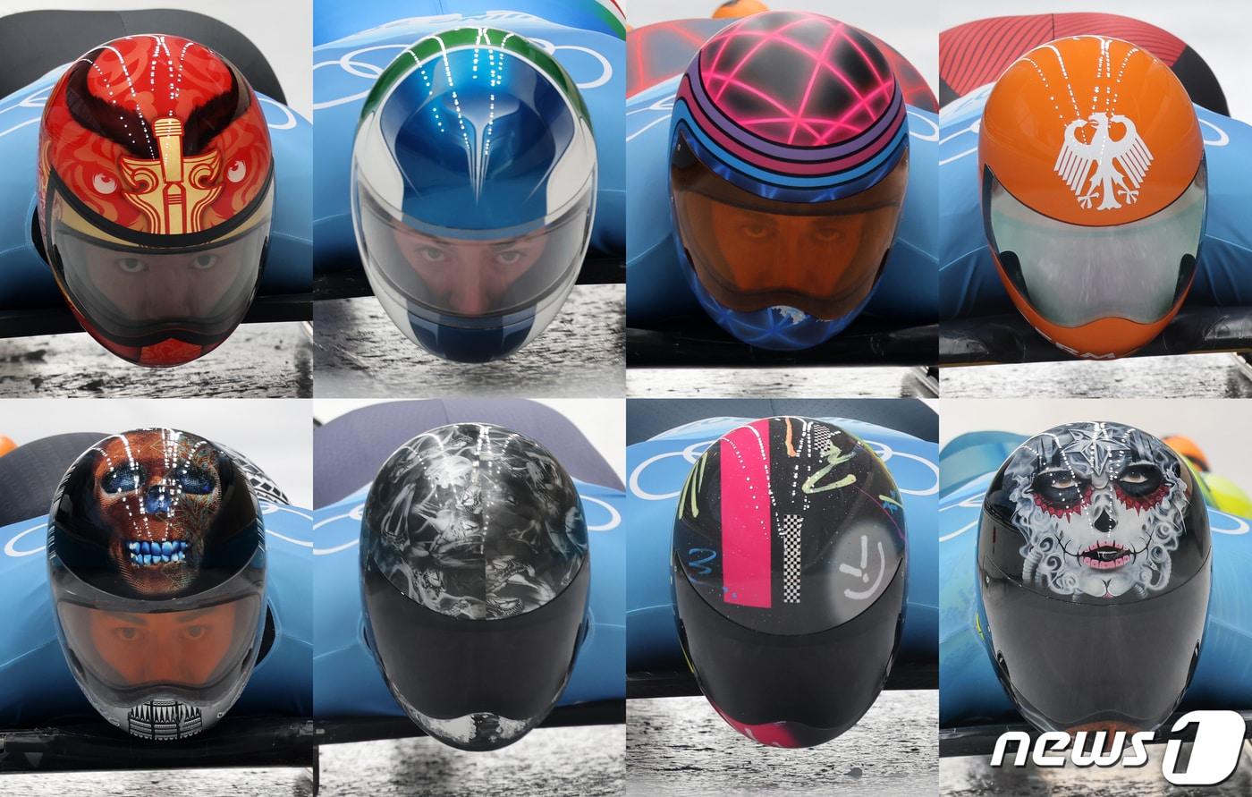 본문 이미지 - 각 나라별 스켈레톤 선수들의 다양한 헬멧. 2022.2.10 ⓒ 뉴스1 안은나 기자