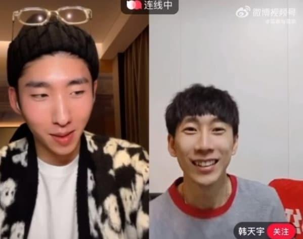 본문 이미지 - 지난 10일 오후 웨이보에서 라이브 방송을 진행하는 륀샤오쥔(왼쪽)과 한천위. (웨이보 갈무리) ⓒ 뉴스1